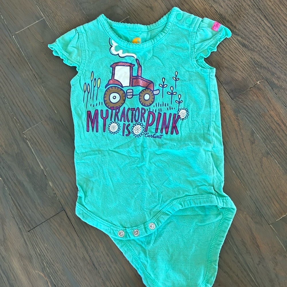Carhartt “My tractor is pink” Teal Short Sleeve Onesie size 6 months